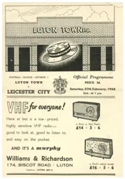 Programme: Luton Town FC vs Leicester City (27th Feb 1960)