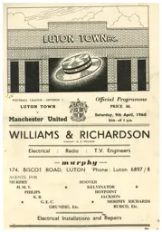 Programme: Luton Town FC vs Manchester United (9th Apr 1960)