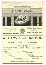 Programme: Luton Town FC vs Blackburn Rovers (18th Apr 1960)