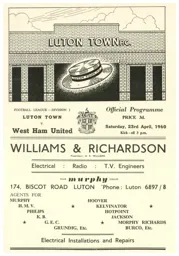 Programme: Luton Town FC vs West Ham United (23rd Apr 1960)