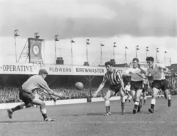 Sunderland's Charlie Hurley ushers the ball back to his goalkeeper away from the onrushing Joe McBride and Gordon Turner