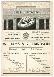 Programme: Luton Town FC vs Sunderland (27th Aug 1960)