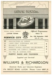 Programme: Luton Town FC vs Norwich City (10th Sep 1960)