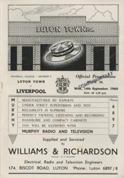 Programme: Luton Town FC vs Liverpool (14th Sep 1960)