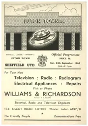 Programme: Luton Town FC vs Sheffield United (24th Sep 1960)