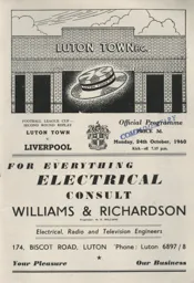 Programme: Luton Town FC vs Liverpool (25th Oct 1960)
