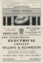 Programme: Luton Town FC vs Ipswich Town (5th Nov 1960)