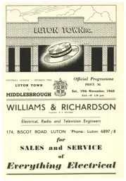Programme: Luton Town FC vs Middlesbrough (19th Nov 1960)