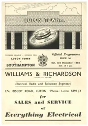 Programme: Luton Town FC vs Southampton (3rd Dec 1960)
