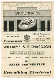Programme: Luton Town FC vs Plymouth Argyle (14th Jan 1961)