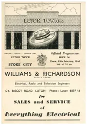 Programme: Luton Town FC vs Stoke City (23rd Feb 1961)