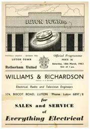 Programme: Luton Town FC vs Rotherham United (18th Mar 1961)