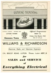 Programme: Luton Town FC vs Swansea Town (31st Mar 1961)
