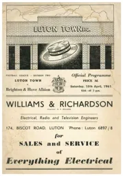 Programme: Luton Town FC vs Brighton & Hove Albion (15th Apr 1961)