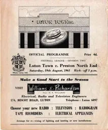 Programme: Luton Town FC vs Preston North End (19th Aug 1961)