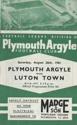 Programme: Plymouth Argyle vs Luton Town FC (26th Aug 1961)