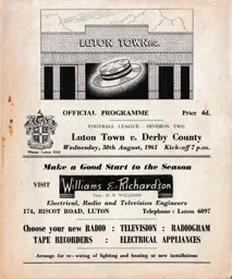 Programme: Luton Town FC vs Derby County (30th Aug 1961)