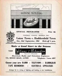 Programme: Luton Town FC vs Huddersfield Town (2nd Sep 1961)