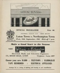 Programme: Luton Town FC vs Northampton Town (13th Sep 1961)