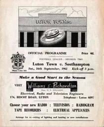 Programme: Luton Town FC vs Southampton (16th Sep 1961)