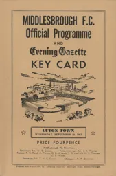 Programme: Middlesbrough vs Luton Town FC (20th Sep 1961)