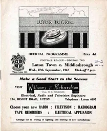 Programme: Luton Town FC vs Middlesbrough (27th Sep 1961)