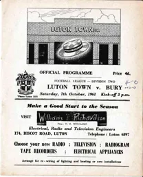 Programme: Luton Town FC vs Bury (7th Oct 1961)
