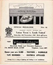 Programme: Luton Town FC vs Leeds United (4th Nov 1961)