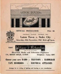 Programme: Luton Town FC vs Stoke City (18th Nov 1961)