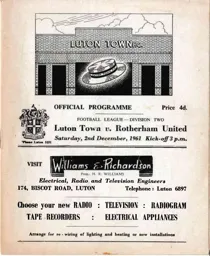 Programme: Luton Town FC vs Rotherham United (2nd Dec 1961)
