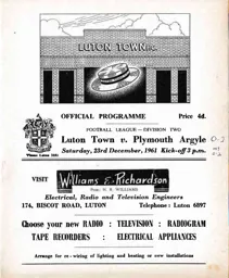 Programme: Luton Town FC vs Plymouth Argyle (23rd Dec 1961)