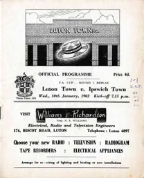 Programme: Luton Town FC vs Ipswich Town (10th Jan 1962)
