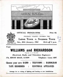 Programme: Luton Town FC vs Swansea Town (20th Jan 1962)