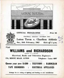 Programme: Luton Town FC vs Charlton Athletic (10th Feb 1962)
