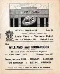 Programme: Luton Town FC vs Newcastle United (17th Feb 1962)