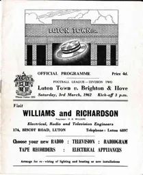 Programme: Luton Town FC vs Brighton & Hove Albion (3rd Mar 1962)