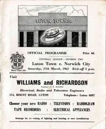 Programme: Luton Town FC vs Norwich City (17th Mar 1962)