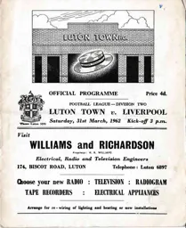Programme: Luton Town FC vs Liverpool (31st Mar 1962)