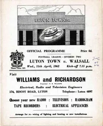 Programme: Luton Town FC vs Walsall (11th Apr 1962)