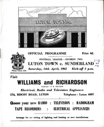 Programme: Luton Town FC vs Sunderland (14th Apr 1962)