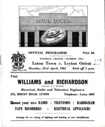 Programme: Luton Town FC vs Leyton Orient (23rd Apr 1962)