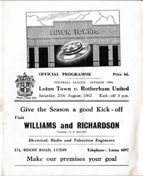 Programme: Luton Town FC vs Rotherham United (25th Aug 1962)