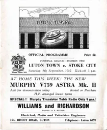 Programme: Luton Town FC vs Stoke City (8th Sep 1962)
