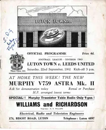 Programme: Luton Town FC vs Leeds United (22nd Sep 1962)