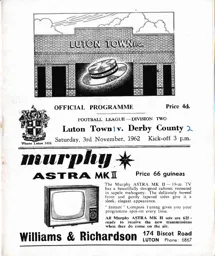 Programme: Luton Town FC vs Derby County (3rd Nov 1962)