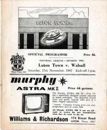 Programme: Luton Town FC vs Walsall (17th Nov 1962)