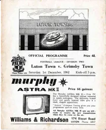 Programme: Luton Town FC vs Grimsby Town (1st Dec 1962)
