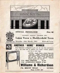 Programme: Luton Town FC vs Huddersfield Town (16th Mar 1963)