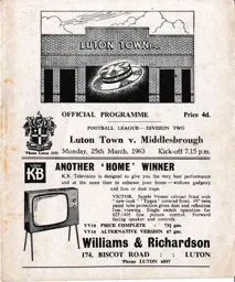 Programme: Luton Town FC vs Middlesbrough (25th Mar 1963)