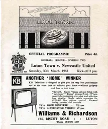 Programme: Luton Town FC vs Newcastle United (30th Mar 1963)